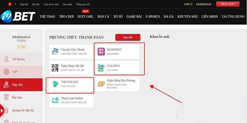 Nạp tiền I9BET được hệ thống hỗ trợ đa dạng các phương thức 